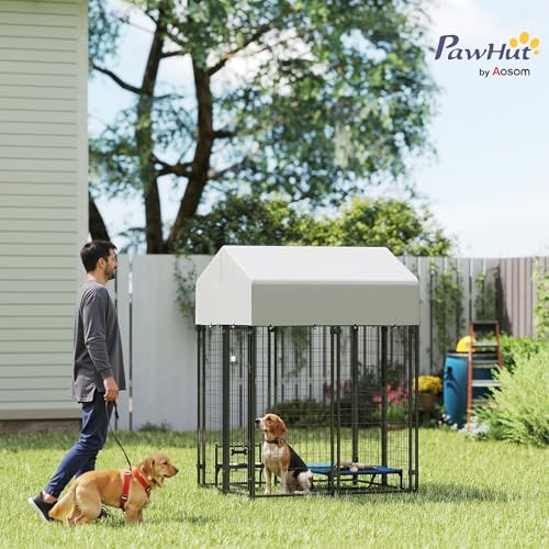 PawHut Outdoor Dog Kennel with Roof, 4' x 4' x 6' Heavy Duty Welded Wire Dog Playpen Enclosure with Escape-Proof Lock, UV-Resistant & Waterproof Cover, for Medium Dogs, Chickens, Ducks, Silver