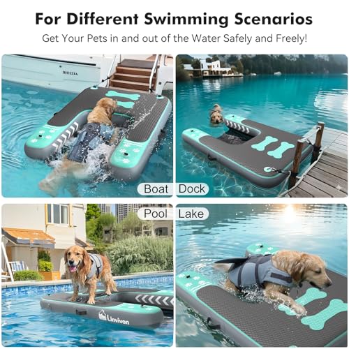 Linvivon Inflatable Dog Boat Ramp for Dogs Up to 240 lbs, Inflatable Dock Floating Platform with Anti-Slip EVA Foam Safe & Easy Water Access, Dog Ramp for Boat, Pools, Lakes, Boats, Docks, Green