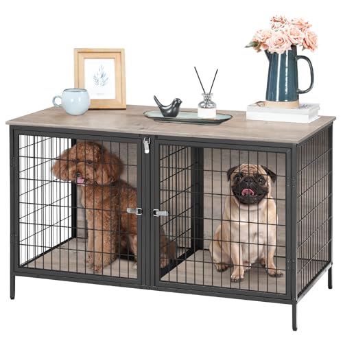 MAHANCRIS Dog Crate Furniture for 2 Dogs, 43.3" Dog Kennel with Removable Divider, Heavy Sturdy Dog Furniture Style Double Cage for Small Medium Dog, Indoor Pet House End Table, Greige DCHG1201