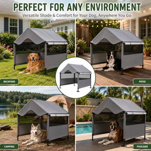 LUCKITTY Extra Large Dog Shade Shelter Canopy with UV Protection, Big Dog House Outside, Outdoor Dog Tent with Three-Sided Breathable Mesh Windows, Gray Sun Rain Cover for Pet Sheep Goat 4'x 4'x 3.3'