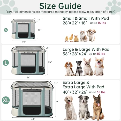 Siedihit Dog Cat Playpen Crate with Washable Pee Pad, Reinforced Durable Dog Cage, Portable Foldable Pet Kennel with Breathable Visibility (Grey with Pad, Large)