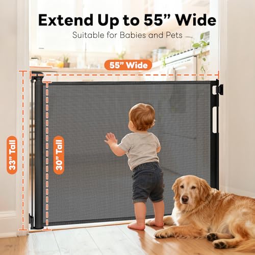 Retractable Baby Gate for Stairs and Doorways, 55" Wide x 33" Tall Mesh Dog Gate for Indoor & Outdoor Use, Safety Gate for Babies and Pets, Child Gates for Hallways, Hardware Mounted, Black