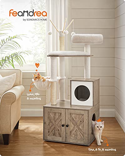 Feandrea Cat Tree with Litter Box Enclosure, 59-Inch Modern Cat Tower, 2-in-1 Condo with Scratching Posts, Washable Removable Cushion, Greige UPCT113G01