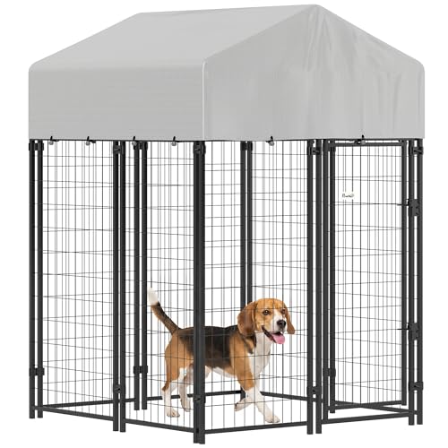 PawHut Outdoor Dog Kennel with Roof, 4' x 4' x 6' Heavy Duty Welded Wire Dog Playpen Enclosure with Escape-Proof Lock, UV-Resistant & Waterproof Cover, for Medium Dogs, Chickens, Ducks, Silver