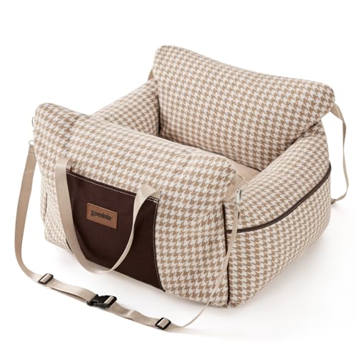ZOMISIA Dog Car Seat for Small Dogs - Waterproof Pet Booster Seat for Car with Clip-On Safety Leash, Soft Travel Carrier for Puppy up to 25 lbs, Memory Foam Filling & 2 Adjustable Buckles Houndstooth