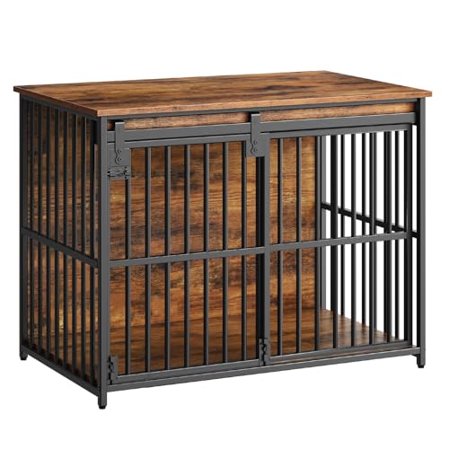 HOOBRO Dog Crate Furniture, 36.6" Heavy Duty Dog Kennel with Sliding Barn Door, Wooden Dog Cage Indoor, Decorative Side End Table for Small/Medium Dogs, Rustic Brown and Black FG162GW03G1