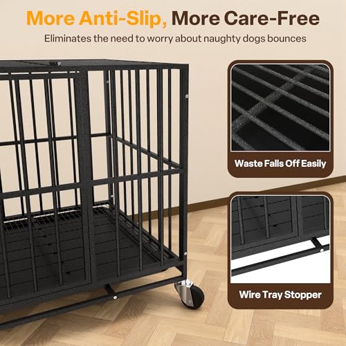Docagt 48 Inch Heavy Duty Dog Crate Steel Escape Proof, Indoor Double Door High Anxiety Cage, Removable Tray, Large Dog Kennel with Wheels, XL XXL