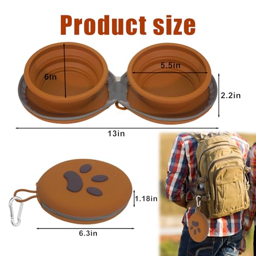 Gdsun Collapsible Dog Bowls, 2-in-1 Silicone Pet Food and Water Bowl with Carabiner, Portable Double Compartment Dish for Travel, Camping, Hiking Puppy Essentials (Brown)