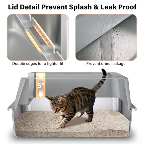 Stainless Steel Cat Litter Box with Lid, Large Metal Litter Box Stainless Steel with Mat & Scoop, Odor-Free/Anti-Leakage & Non-Stick/Easy Clean, High-Sided Litter Box for Multiple Big Cats(XL/Grey)