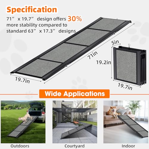 Dog Ramp for Car 𝟕𝟏”𝐱𝟐𝟎” Large Folding Pet Stair Ramps for Truck, SUV, with Non-Slip Surface, Up to 250LBS, Outdoor Dog Car Ramp for Medium & Large Dogs, Portable Pet Steps