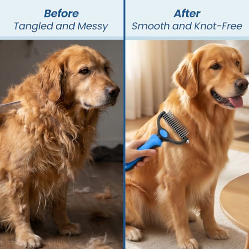 Double-Sided Pet Grooming Rake - 4-in-1 Professional Pet Grooming Kit Deshedding Dematting Tool for Dogs Cats Extra-Wide Grooming Brush & Deshedder Comb for Long & Short Haired Pets (Blue Kit 4PCS)