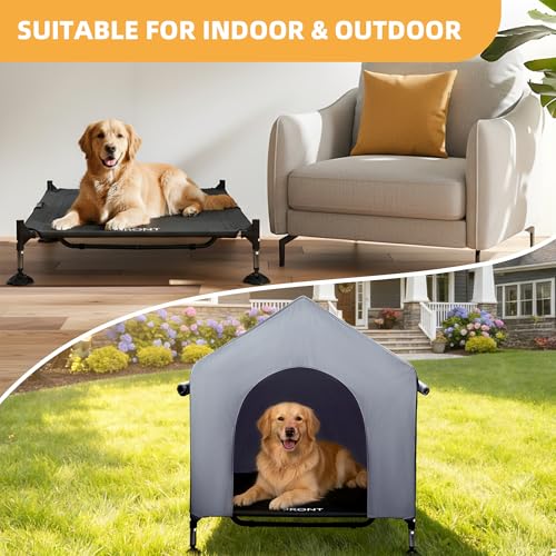 Pawmmo 42" Dog House Outdoor Indoor with Breathable Mesh Windows, 2-in-1 Outside Dog House Elevated Dog Bed Cot Dog Tent Shade Shelter, Easy to Assemble & Clean (42 INCH)