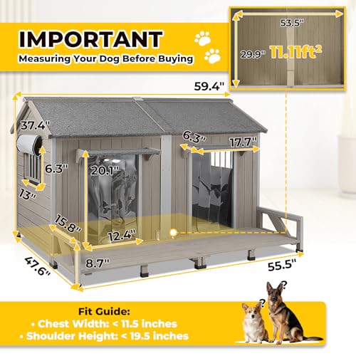 59" Large Dog House for 2 Dogs XL Wooden Dogs House Outdoor with Weatherproof Openable Roof, Window, All-Around Iron Frame, Removable Floor, Large Balcony