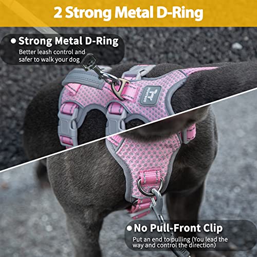 Huntboo Escape Proof Dog Harness, Escape Artist Harness, Fully Reflective Harness with Padded Handle, Breathable,Durable, Adjustable Vest for Medium Dogs Walking, Training, and Running Gear (Pink,M)