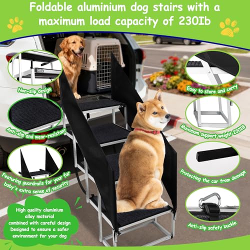 Dog Stairs with Guardrail for Large Dogs Extra Wide 20 Inch Step, High34 in 4 Step Foldable Dog Ramp, Supports up to 230 lbs Designed for Oversized SUVs, Off Road Vehicles, and Pickup Trucks- Felt