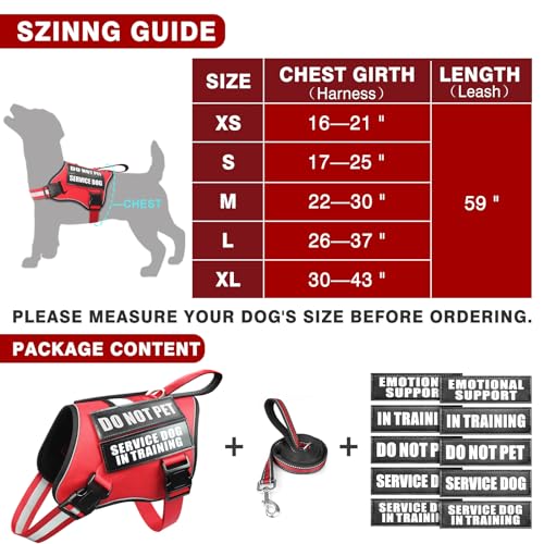 MOOGROU Service Dog Vest Harness and Leash Set+10 Patches,No Pull&Adjustable Reflective Dog Harness with Soft Padded Handle for Training/Everyday,Fit Small/Medium/Large/Extra-Large Dogs(Red M)