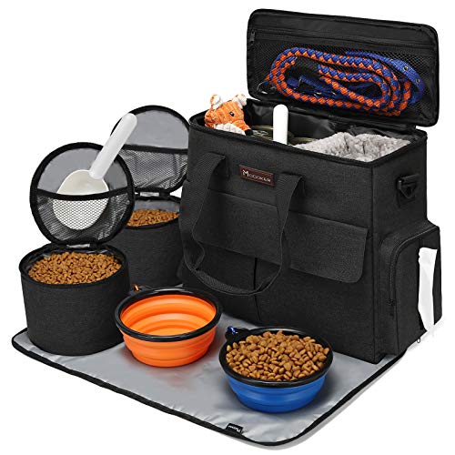 Dog Travel Bag by Modoker - Dog Travel Kit for a Weekend Away Set Includes Pet Travel Bag Organizer for Accessories, 2 Collapsible Bowls, 2 Travel Food Container (Black)