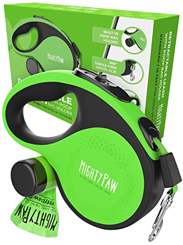 Mighty Paw Retractable Leash with Built-in Poop Bag Holder | 16' Long Retractable Dog Leash for Small Dogs, Medium Breeds & Large Pets with Tape for Quick Control. Poop Bags Included
