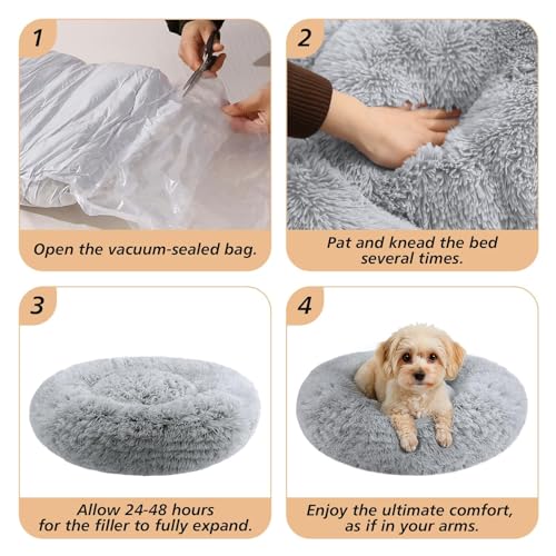 JOLLYVOGUE Calming Dog Bed Medium Size Dog, 31in Donut Washable Medium Pet Bed, Anti-Slip & Anti-Anxiety Fluffy Faux Fur Round Dogs Bed, Fits up to 45 lbs Pets (Smoke Grey)