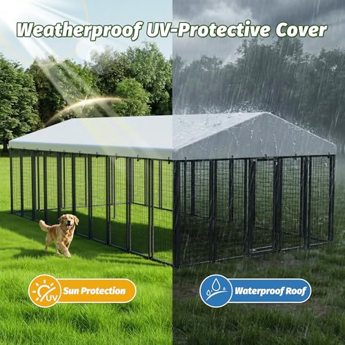 20x10 FT Outdoor Dog Kennel with Waterproof Roof, Heavy Duty Dog Enclosures with Galvanized Welded Wire Steel & Dual Safety Lock