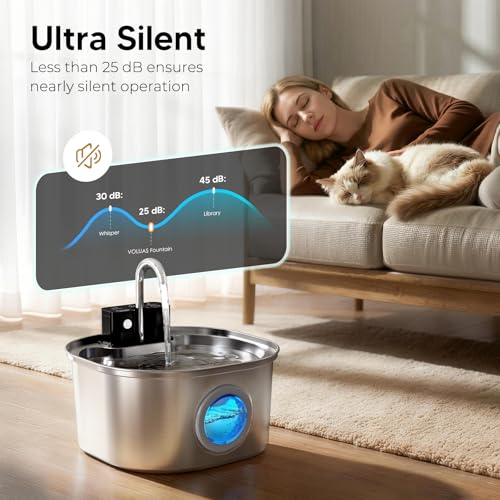 Voluas Stainless Steel Cat Water Fountain: 108oz/3.2L Wireless Cat Fountain Battery Operated for Drinking Indoor, Automatic Pet Water Dispenser Bowl with Ultra Quiet Pump, Easy Clean BPA-Free, 1Filter