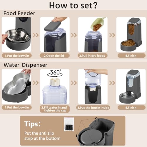 2 Pack Automatic Cat Feeder and Gravity Stainless Steel Water Dispenser, Dog Food Feeder and Waterer Set for Small Medium Puppy Kitten Pets (1 Gallon x 2, Gray)