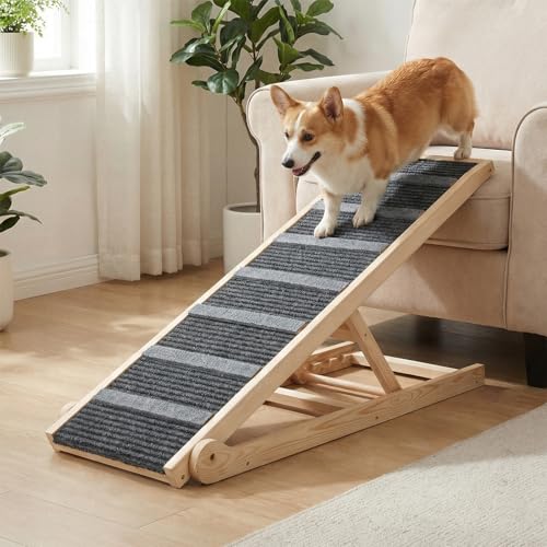 Dog Ramp for Bed, for Couch, 47.24" Long Wooden Pet Ramp for Small & Large Dogs to Get on Bed Couch Car Up to 200LBS, 4 Adjustable Heights (13.7"-24.6"), Foldable Dog Bed Ramp with Anti-Slip Surface