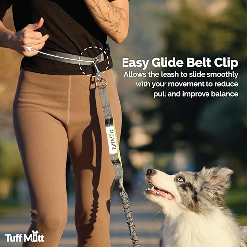 Tuff Mutt Hands Free Dog Leash for Walking Running Hiking, Waist Leash with Bungee, Adjustable Belt, Reflective Double Handle Design for Large Medium Dogs
