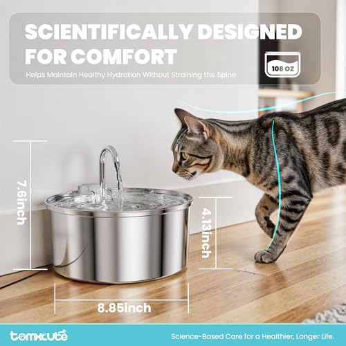 Cat Water Fountain Stainless Steel - 108oz/3.2L Large Capacity Cat Fountain for Drinking, Ultra Quiet Metal Pet Water Fountain for Cats, Small Dogs, Multiple Pets
