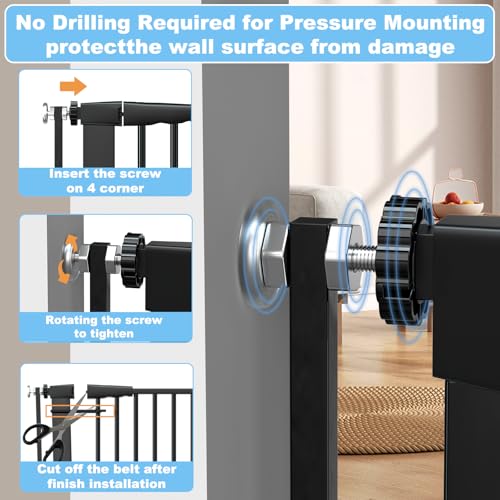 51.18" Extra Tall Cat Gate for Doorway 48.5"-56.2" Wide Auto Close Tall Pet Gate No Drilling Pressure Mounted for Hallway Kitchen,Black