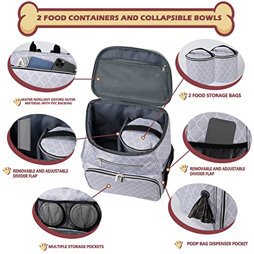 BAGLHER Dog Travel Bag Backpack, Airline Approved Pet Supplies Backpack, Dog Travel Bag with 2 Silicone Collapsible Bowls and 2 Food Baskets DLWhite