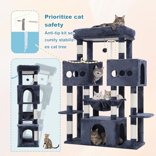 Hey-brother Cat Tree Tower, Large Sisal Scratching Posts with Big Platform, 3 Spacious Condos, Plush Hammock, Toy, 57.5 Inches Multi-Level Furniture for Indoor Adults Maine Coon, Smoky Gray MPJ083G
