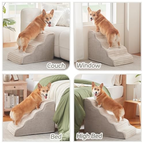 Laojin Balhen Dog Stairs for Small Dogs & Cats 15.7" H, High Density Foam Dog Steps Ramp for Couch Sofa and Chair, Pet Stairs with Non-Slip Bottom and Remove Washable Cover, 3-Step Pet Steps, Beige