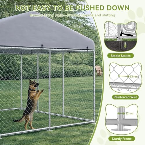 COMHOMA 10×10FT Outdoor Dog Kennel with Adjustable Bowls Feeder Heavy Duty Extra-Large Dog Enclosure with Roof & Lock All Weather Resistant for Medium Large Dogs