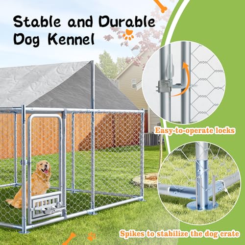 Grepatio 7.5x7.5 FT Outdoor Dog Kennel with Roof, Outside Dog Enclosure with 2 Rotating Feeder Bowls, Dog Kennel Dog Playpen Fence for Large Dogs with Secure Lock (7.5x7.5 FT)