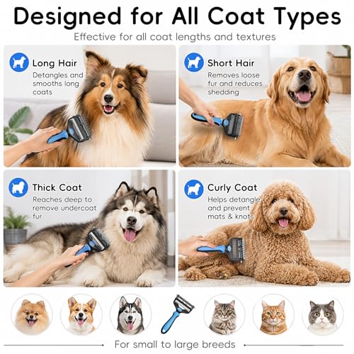 AXEFUN 3-in-1 Professional Pet Grooming Brush for Dogs & Cats – Dematting Comb, Undercoat Rake & Deshedding Tool for Long & Short Hair, Heavy Shedding & Matted Fur (Blue)
