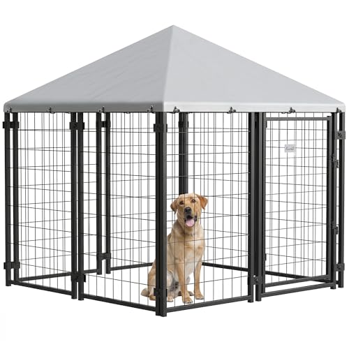 PawHut 4.7' x 4.7' x 5.1' Outdoor Dog Kennel, Welded Wire Dog Kennel Outside Run with Waterproof & UV Resistant Cover, for S&M Breeds, Chickens, Ducks, Silver