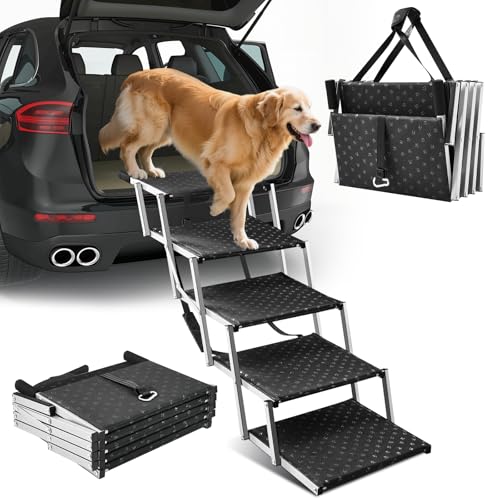 Sakerplus Dog Ramps for Car, 17.7inch Wide Foldable Dog Stairs with Non Slip Surface, Portable Pet Steps for SUV, High Beds, Truck, Support Up to 200lb, 5 Steps