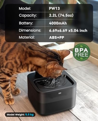 oneisall Wireless Cat Water Fountain: 74oz/2.2L Cordless Pet Water Fountains, 4000mAh Battery Operated Ultra-Quiet Integrated SilentFlow™ Pump for Cats Indoor, Automatic Cat Water Dispenser, BPA-Free