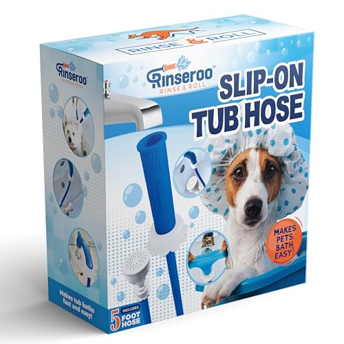 Rinseroo Slip-On Bathtub Faucet Sprayer Attachment. Ultra-Flex Dog Shower Hose Adapter Portable Hose Attachment with Sprayer Pet Showerhead Attach Tub Spout 5 Foot Hose. No Install for Speedy Washing
