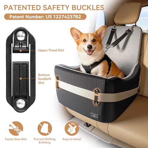 PETSFIT Dog Car Seat for Small/Medium Dogs Up to 35 lbs – Patented Safety System, 5" Memory Foam Pet Booster Car Seat, Fully Detachable and Washable Dog Carseat with 2 Storage Pockets (Black & Grey)