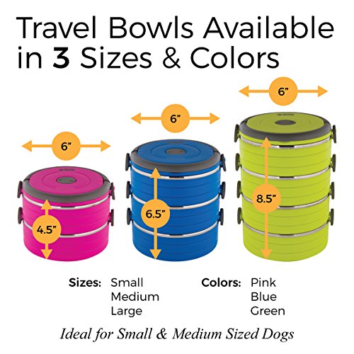 Healthy Human Travel Pet Bento Bowls - Leak Proof, Human-Grade Stainless Steel & BPA-Free, 3-Pack Water & Food Container Set, Clips & Handle (Pink)