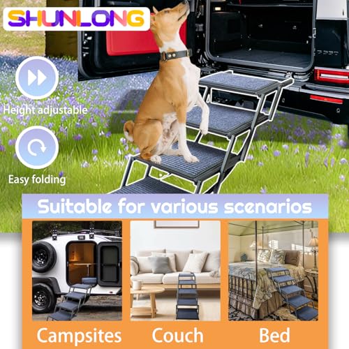 Dog Ramp for Car Truck and SUV Dog Stairs for Large Dogs Folding Pet Stairs with Non-Slip Rug Surface Supports Up to 250 lbs (5 Steps)