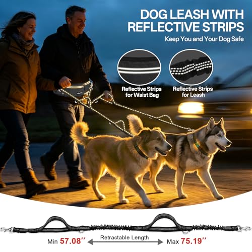 Qltytoy Hands Free Double Dog Leash for Two Dogs,240LB Heavy Duty Retractable with Partitioned Pouch Adjustable Waist for Walking Running Jogging Hiking Biking Training for Medium/Large(Not for＜25LBS)