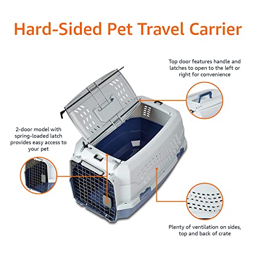 Amazon Basics Sturdy Portable 2-Door Top-Load Hard-Sided Pet Travel Carrier with Secure Ventilation, Handle, Front & Top Entry for Dogs, Cats, 22.8"L x 15"W x 13"H, Gray & Blue