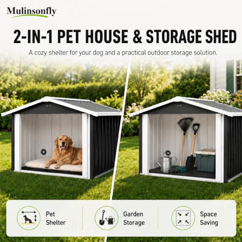 Mulinsonfly 40 Inch Heavy Duty Metal Dog House for Medium and Large Dogs, Outdoor Dog Shelter with Raised Floor, PVC Curtain, Vent and Sloped Roof, Weather Resistant for Backyard Patio