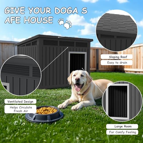 VIXZEN Dog House for Indoor and Outdoor Weatherproof Doghouse with Air Vents Elevated Floor Openable at The Top Easy to Assemble and Clean for Medium to Large (Black, (32.2"×25.12"×24.13"))