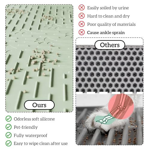 OHMO Cat Litter Mat Large Trapping Mat Premium Silicone Rubber 31.5x23.6 Sage Green, Waterproof and BPA Free Kitty Litter Box Mat, Easy to Clean and Keeps The Floor Tidy