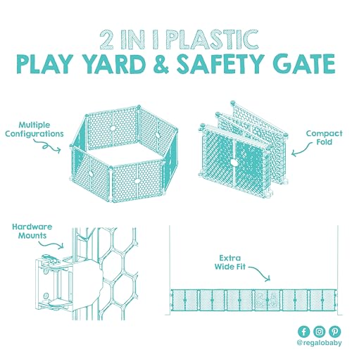 Regalo Safety 192" Super Wide Baby Gate & Play Yard, 2-in-1 Adjustable Playpen for Babies, Toddlers & Pets, Includes Wall Mount Kit, Plastic, Gray