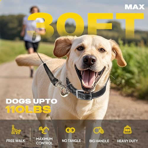 Fida Upgraded Retractable Dog Leash 30ft, Heavy Duty Pet Walking Leash for Medium/Large Breed up to 110 lbs, 360° Tangle-Free Long Retract Dog Lead, Soft Grip, One-Hand Brake, Black